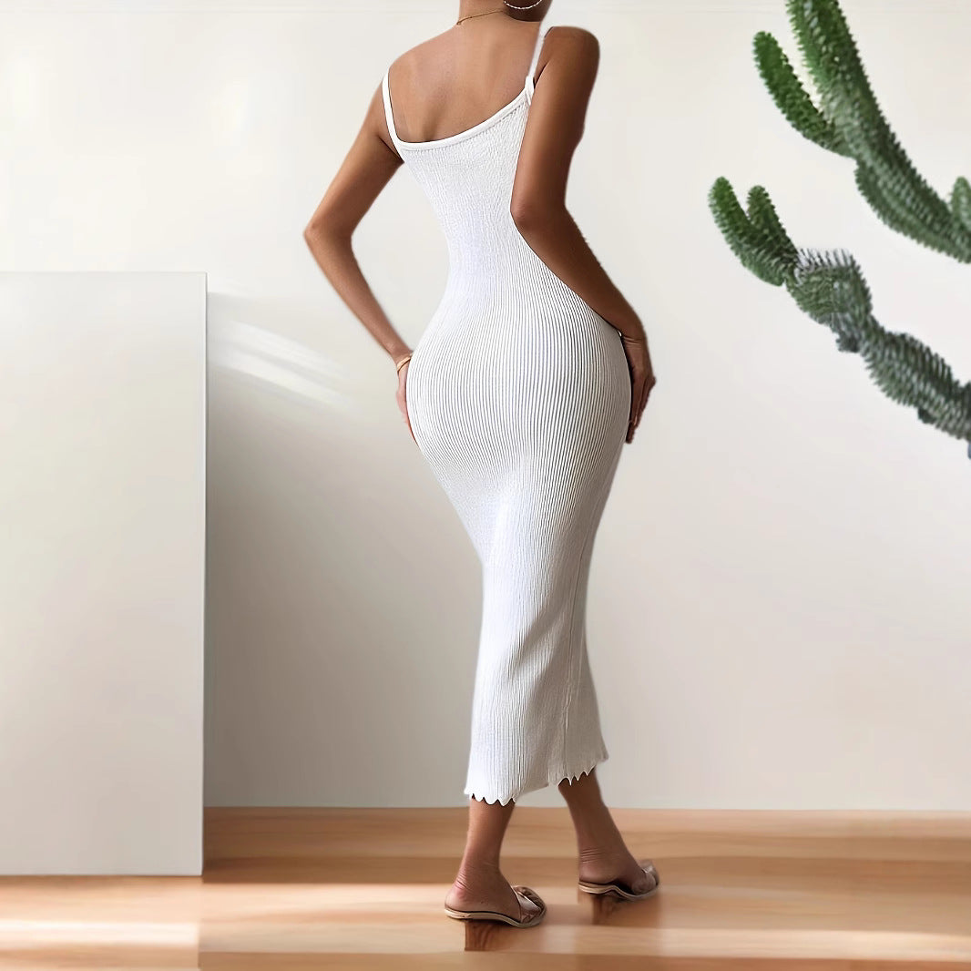 Women's Bodycon Dress - Ribbed Texture - Scalloped Bustline - Spaghetti Straps - Midi Length