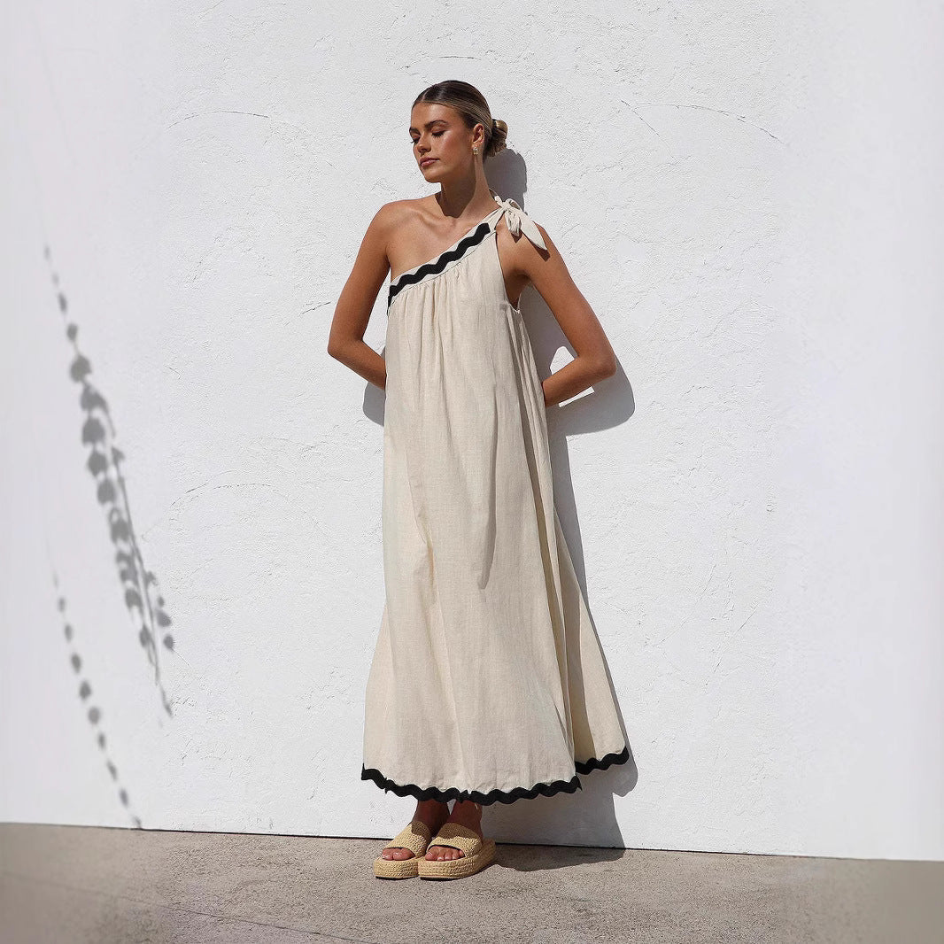 Women’s Long Dress – One Shoulder – Tie Detail – Relaxed Fit – Scalloped Hem – Lightweight Fabric