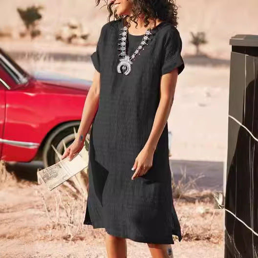 Women's Casual Dress - Loose Fit - Knee Length - Short Sleeve - Round Neck