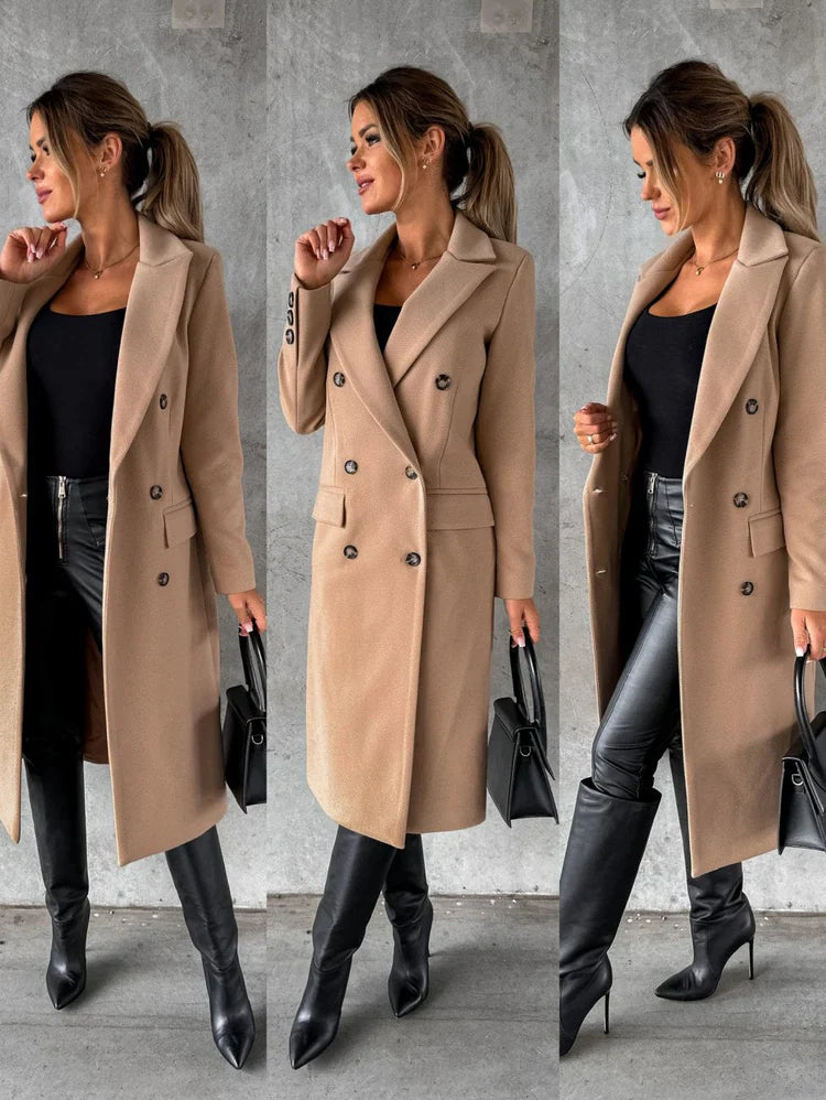 Women's long coat lapel with front pocket and button closure