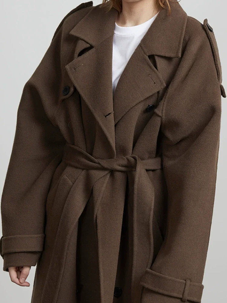 Women’s Long Coat – Wool Blend – Oversized Fit – Double-Breasted – Belted Trench