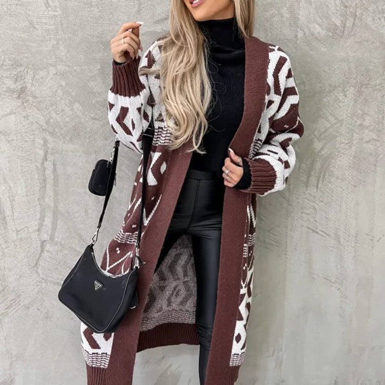 Women’s Cardigan – Jacquard Knit – Loose Fit – Long Length – Open Front – Ribbed Cuffs