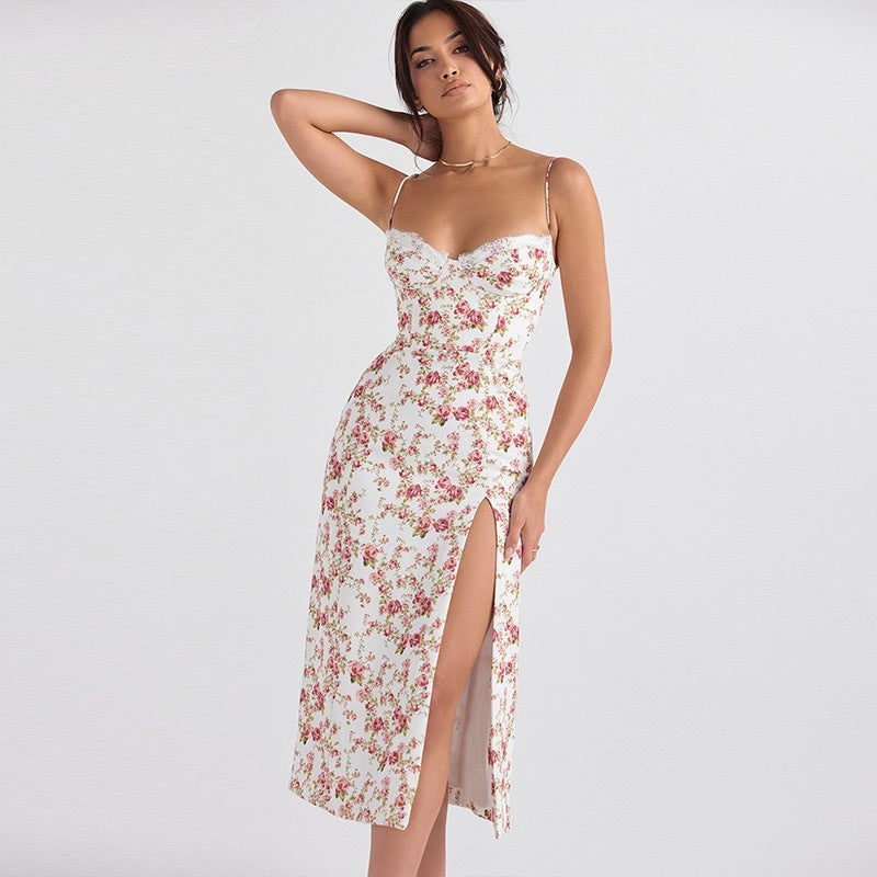 Floral Print Sweetheart Neckline Midi Dress