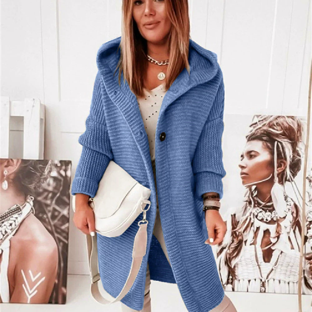 Women’s Hooded Cardigan – Ribbed Knit – Loose Fit – Long Line – Button Front