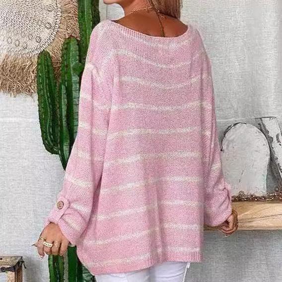 Women's striped boat neck sweater with large pocket