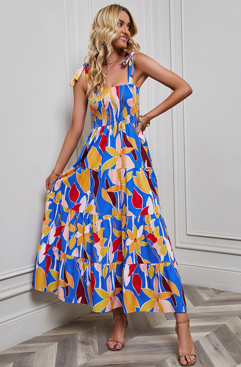 Women’s Maxi Dress – Smocked Bodice – Adjustable Tie Straps – Tiered A-Line – Backless