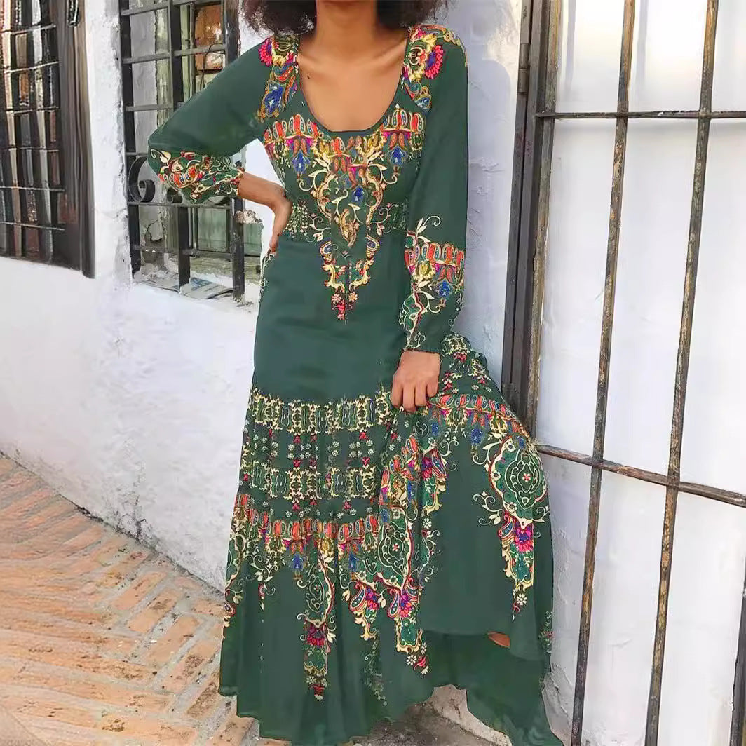 Women's Maxi Dress - Bohemian Print - Long Sleeve - Scoop Neck - Flowy Relaxed Fit