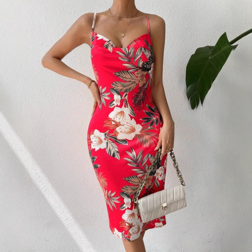Women’s Midi Dress – Fitted Silhouette – Spaghetti Straps – Floral Print – Side Slit