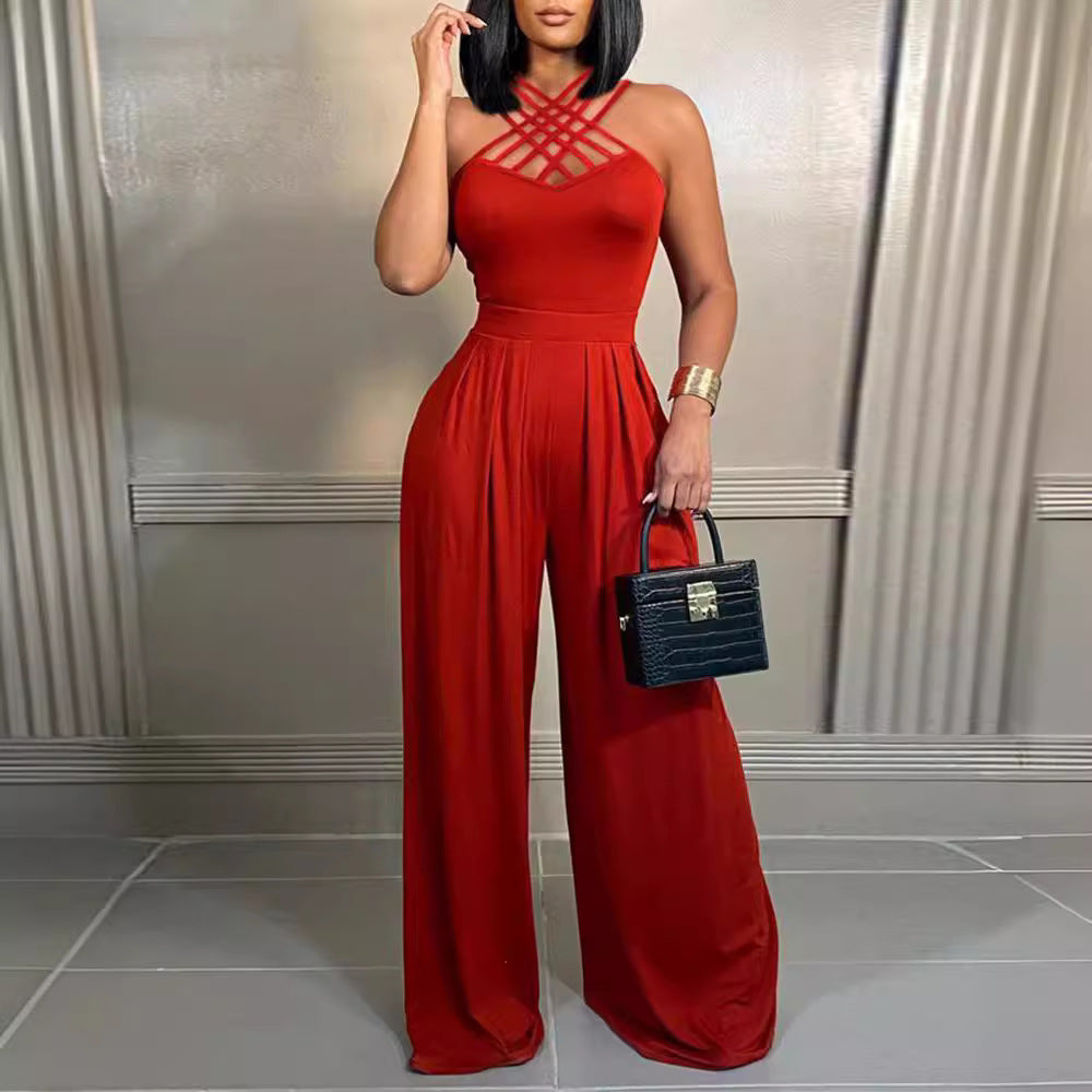 Women's Jumpsuit - V-Neck Criss-Cross Straps - Wide-Leg Elegant Fit
