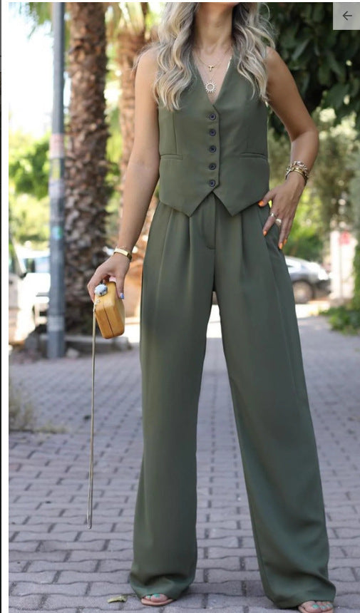 Women's sleeveless v neck vest with wide leg pants set