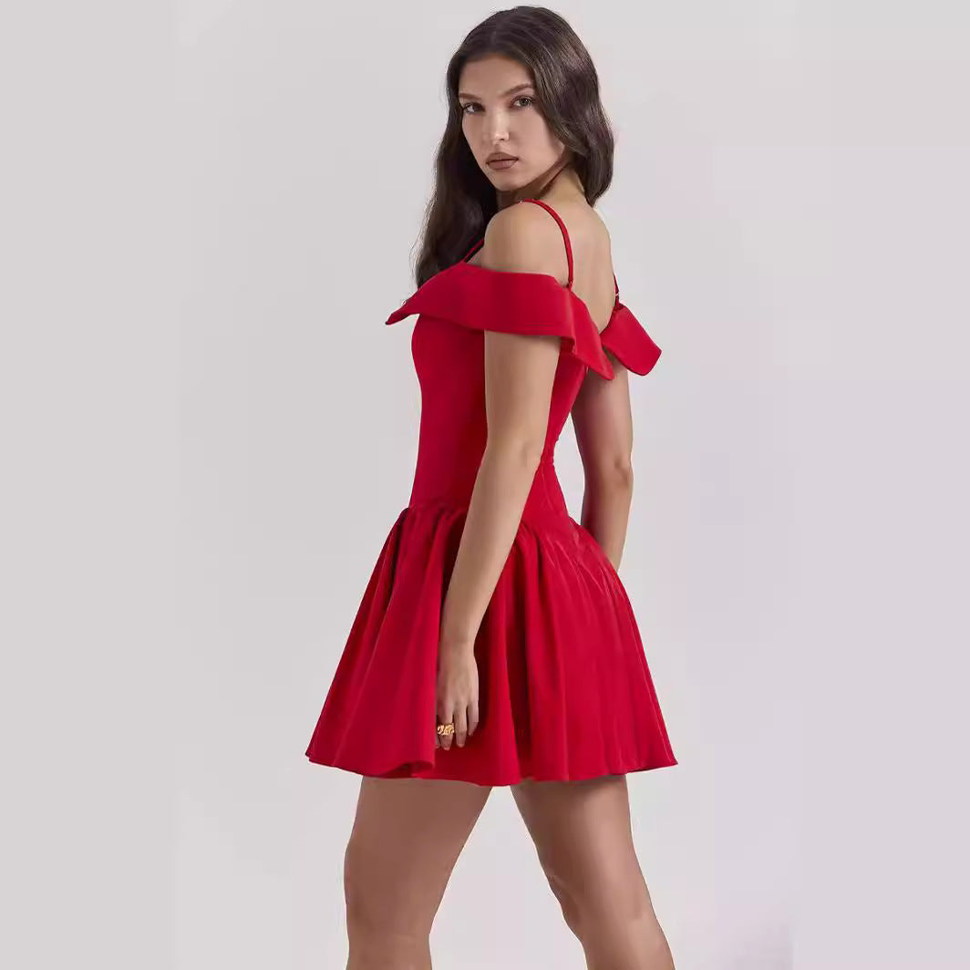 Women’s Fit and Flare Dress – V-Neck – Spaghetti Straps – Pleated Mini Skirt – Off-Shoulder