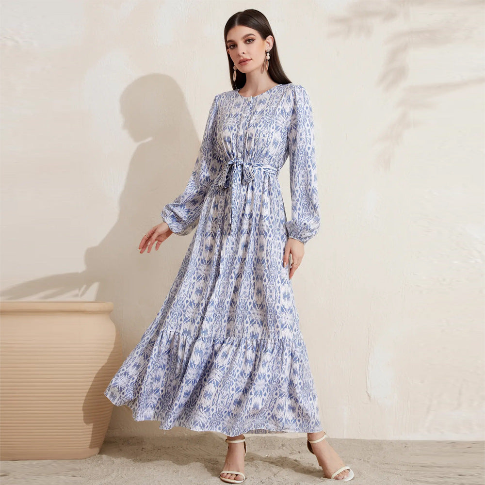 Long sleeve tie-waist boho maxi dress for women
