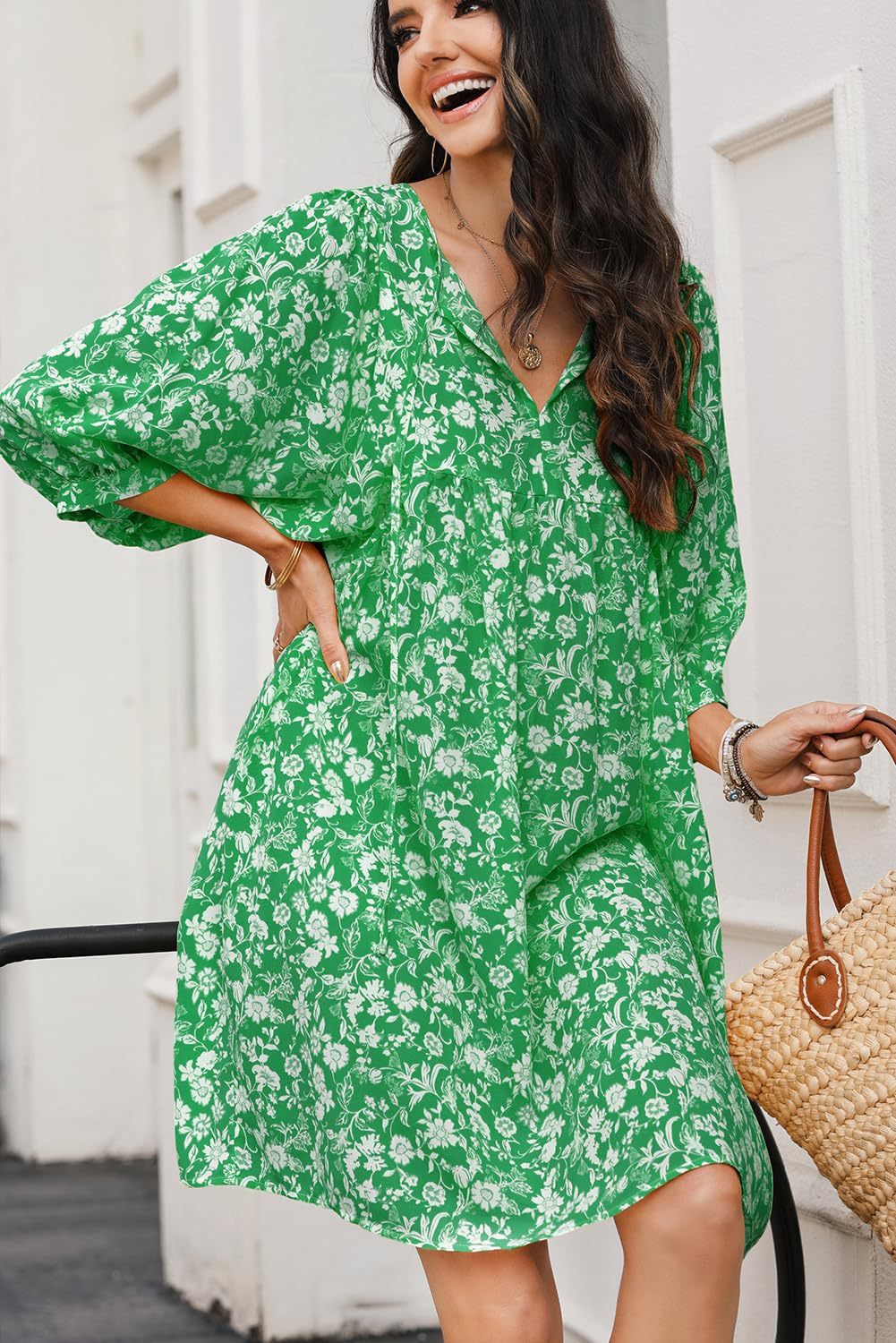 Women’s Midi Dress – Cotton Blend – V-Neck – Lantern Sleeve – Bohemian Floral Print