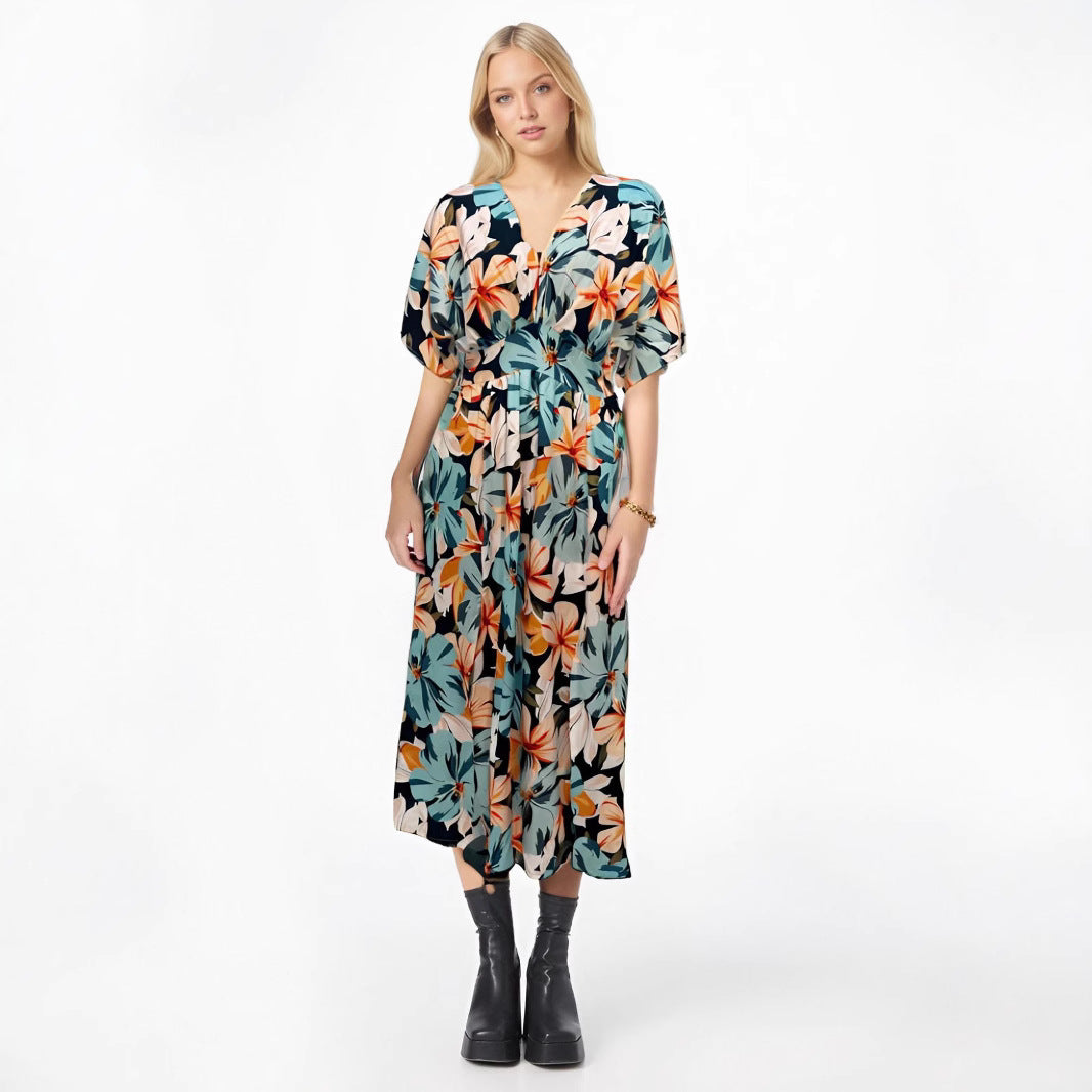 Women’s Midi Dress – V-Neck – High Waist – Printed – Short Wide Sleeves – Slit Skirt