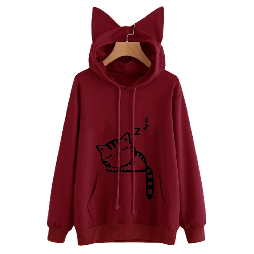 Women’s Hooded Sweatshirt – Loose Fit – Plush Feel – Cat Ears – Kangaroo Pocket