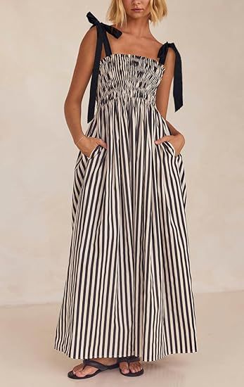 Women’s Maxi Dress – Spaghetti Straps – Ruched Bodice – Flowy Fit – Side Pockets