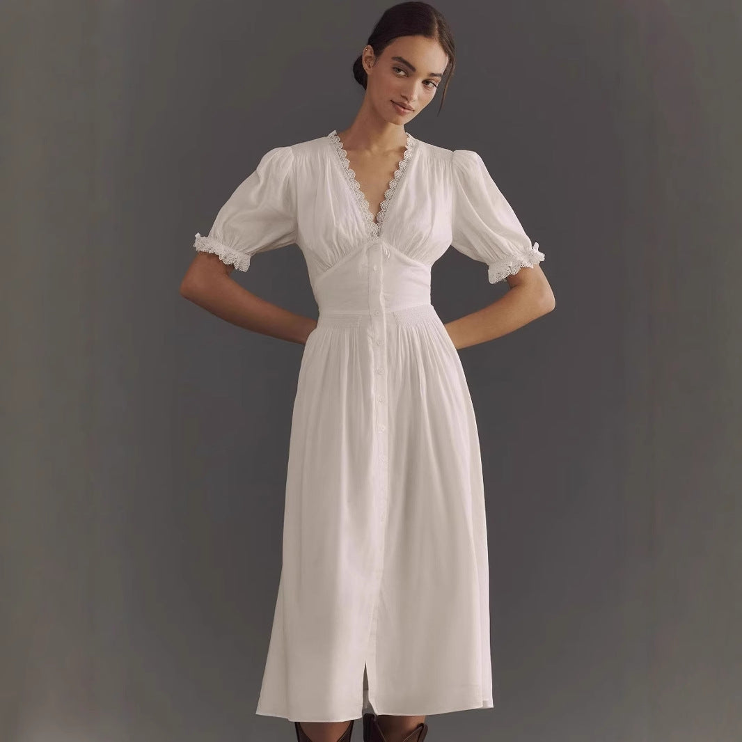 Women’s Midi Dress – Cotton Blend – Puff Sleeve – Lace V-Neck – A-Line Fit