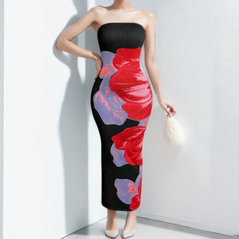 Women’s Strapless Dress – Slim Fit – Satin Feel – Floral Print – Full Length Formal Wear