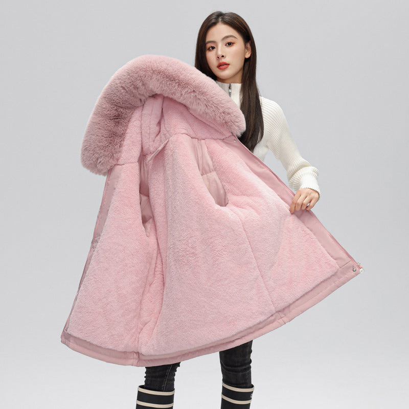 women's winter jacket with drawstring waist and fur collar