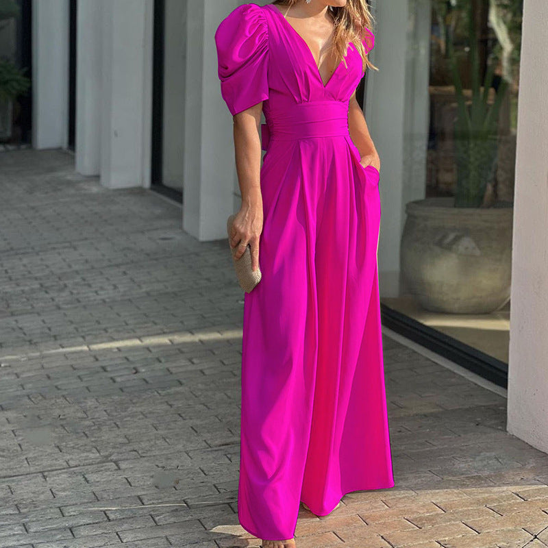 Women’s Jumpsuit – Wide Leg – Puff Sleeve – V-Neck – Cinched Waist – Formal Fit