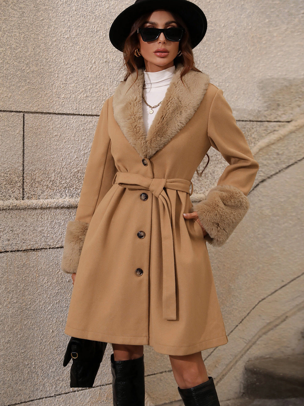 Women’s Trench Coat – Tailored Fit – Fur Collar & Cuffs – Mid-Length Belted Design