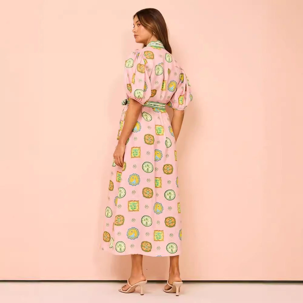 Women’s Midi Dress – Lightweight Cotton Blend – Lantern Sleeve – Belted Fit – Button Down – Graffiti Print
