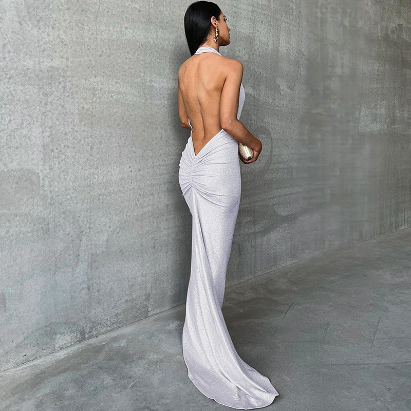 Women’s Maxi Dress – Slim Fit – Satin Finish – Plunging Halter Neck – Open Back