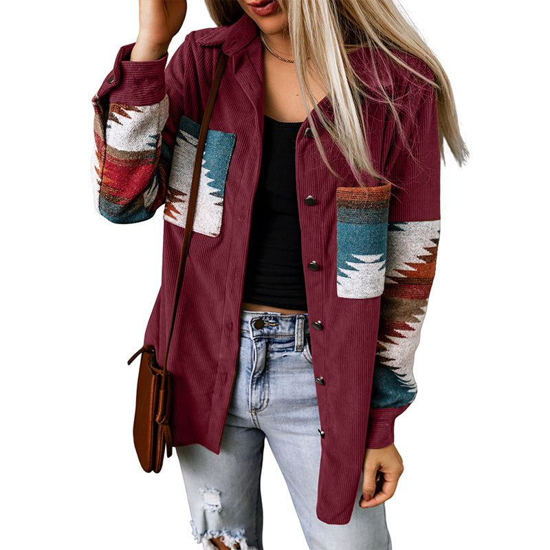 Women’s Cardigan Jacket – Corduroy Texture – Aztec Pattern – Relaxed Fit – Button-Up