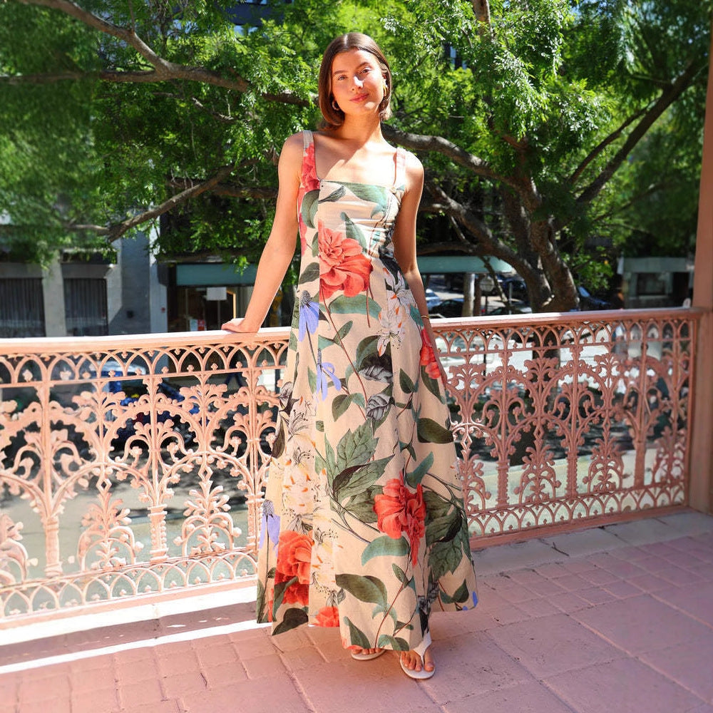 Women’s Maxi Dress – Cotton Blend – A-Line Fit – Sleeveless – Square Neck – Floral Print