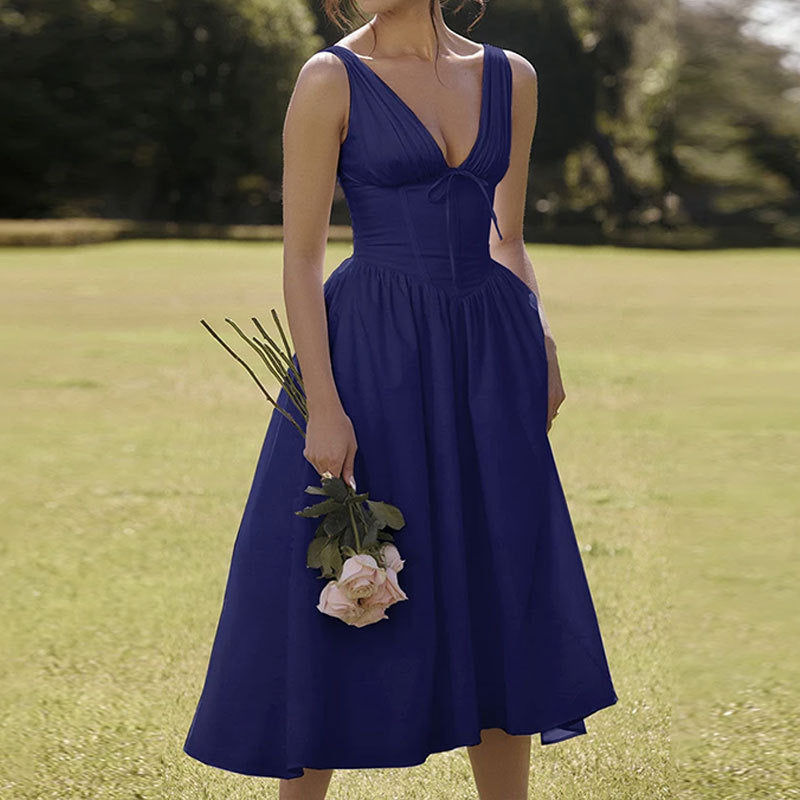 Women’s Midi Dress – V-Neck A-Line – Spaghetti Straps – Floral Print – Cotton Blend