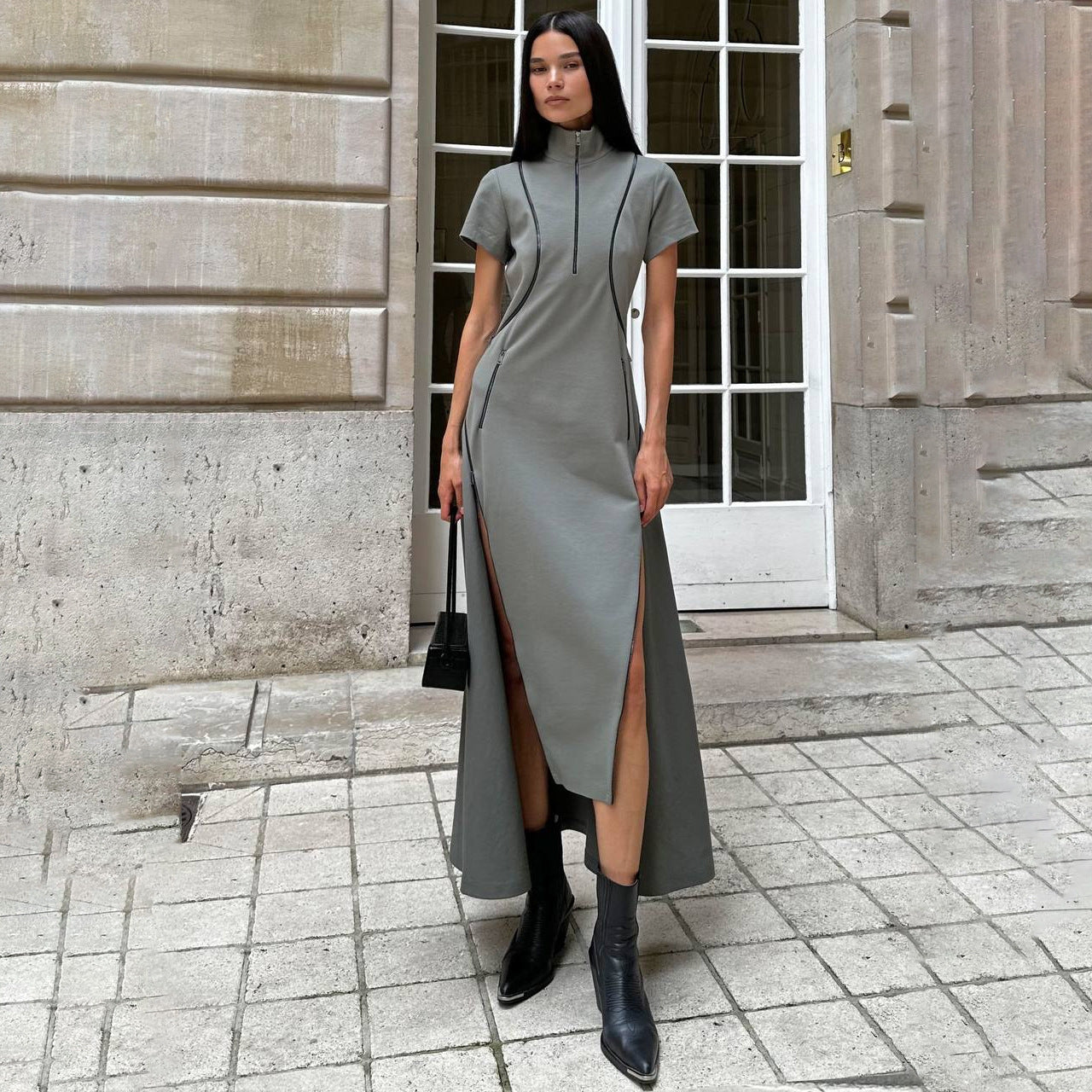 Women’s Maxi Dress – Slim Fit – Half Zip Front – High Slit – Short Sleeve – Street Style