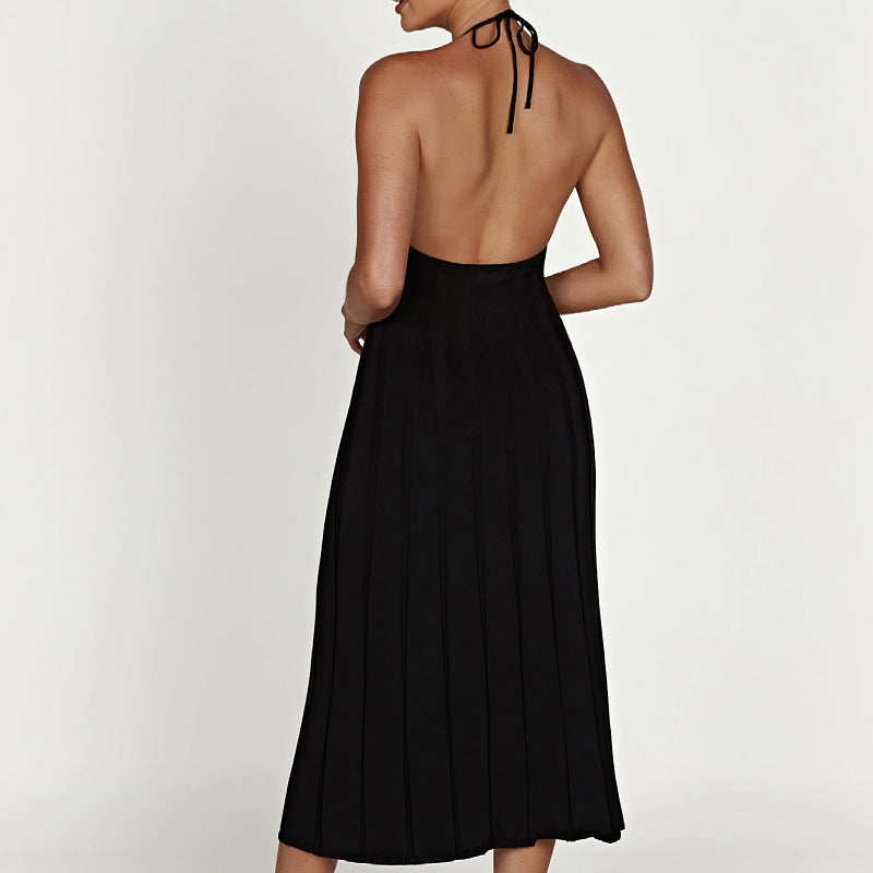 Women’s Knit Midi Dress – Halter Neck – Ribbed Bodice – Pleated Skirt – Slim Fit