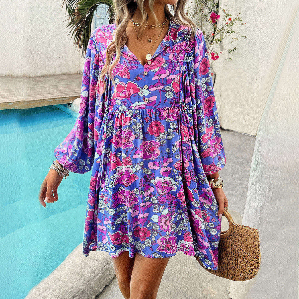 Women’s Mini Dress – Lightweight Rayon – Relaxed Fit – Long Sleeve – V-Neck Floral