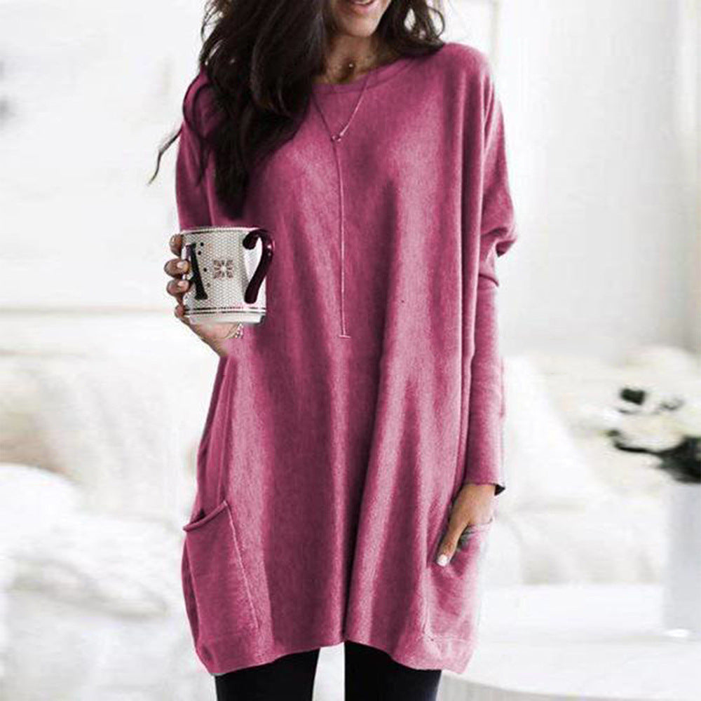 Women's long plain sweater with pockets and long sleeves