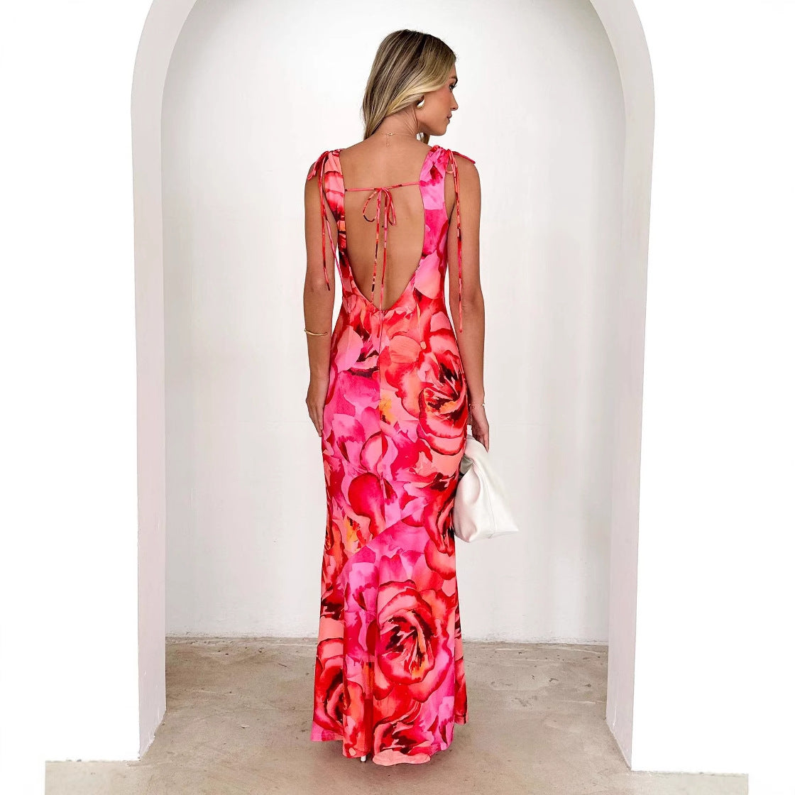 Women’s Maxi Dress – Stretch Fit – Deep V-Neck – Sleeveless – Floral Print Draped Skirt