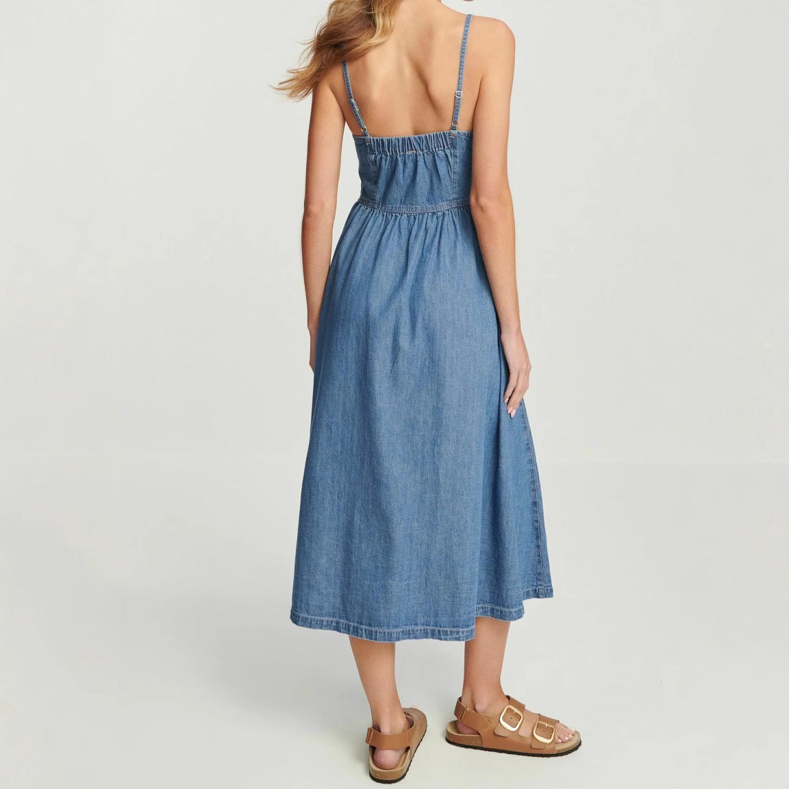 A-Line Denim Button Front Midi Dress