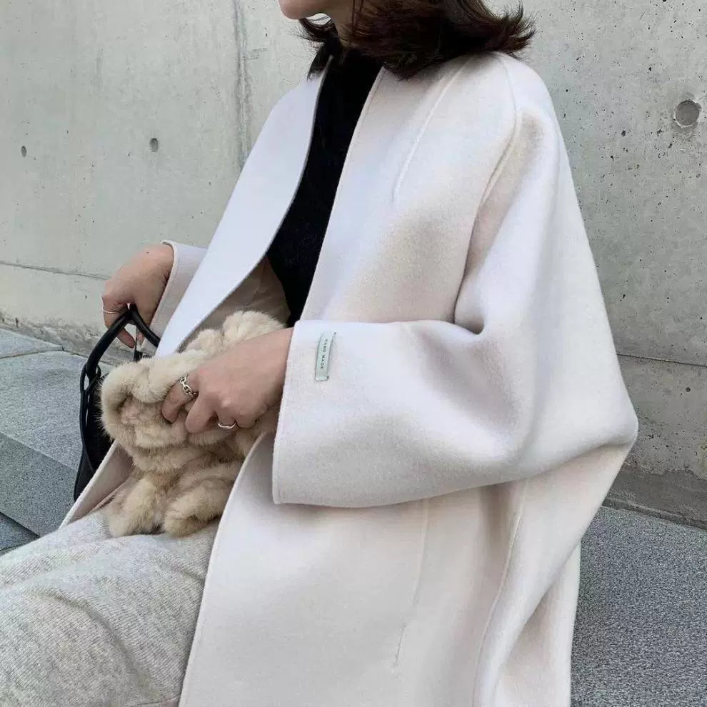 Women’s Long Coat – Wool Blend – Oversized Relaxed Fit – Open Front – Mid-Calf Length