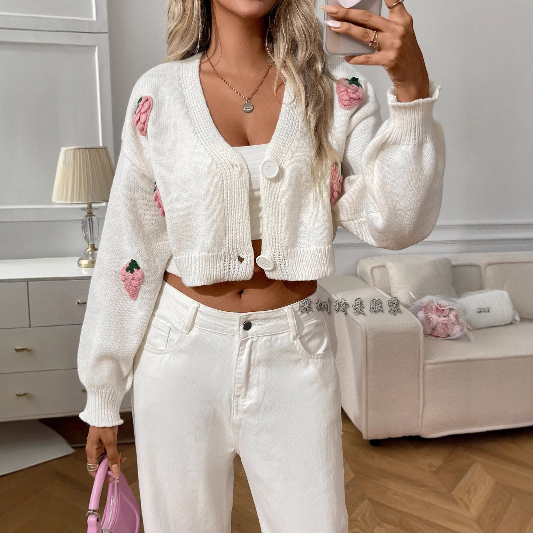 Women’s Cardigan Sweater – Cropped Fit – Wool Knit – V-Neck – Button Front – Relaxed Style