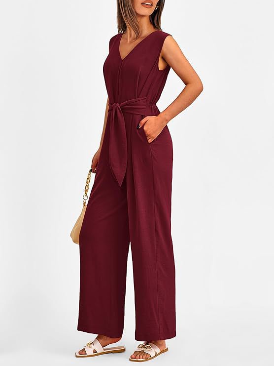 Women's Jumpsuit - V-Neck with Tie Waist - Elegant Wide-Leg Design