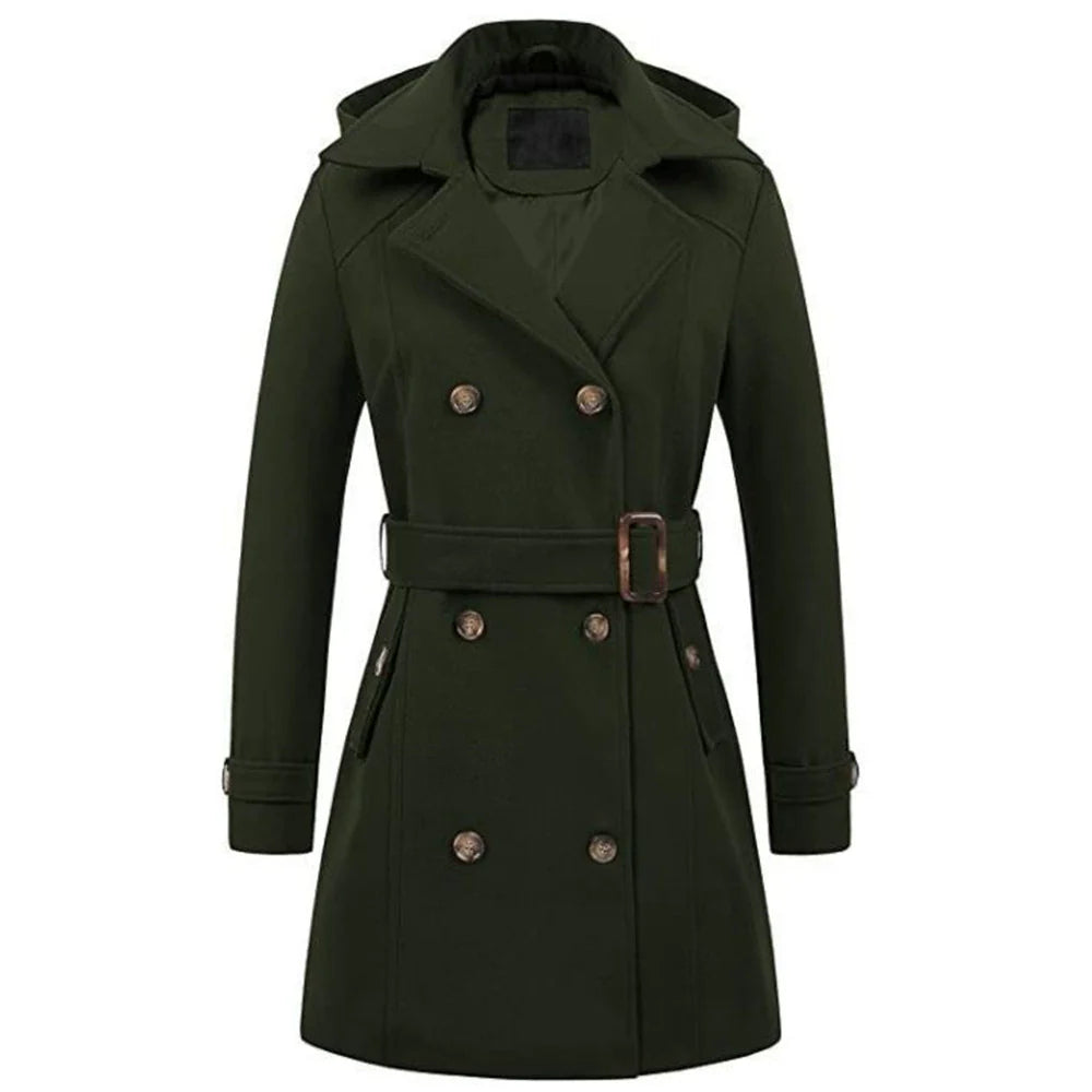Women’s Coat – Tailored Fit – Belted Waist – Wool Blend – Hooded – Double-Breasted