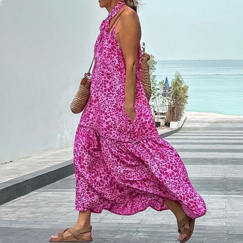 Women’s Midi Dress – V-Neck Sleeveless – Relaxed Fit – Tiered Skirt – Waist Tie – Printed