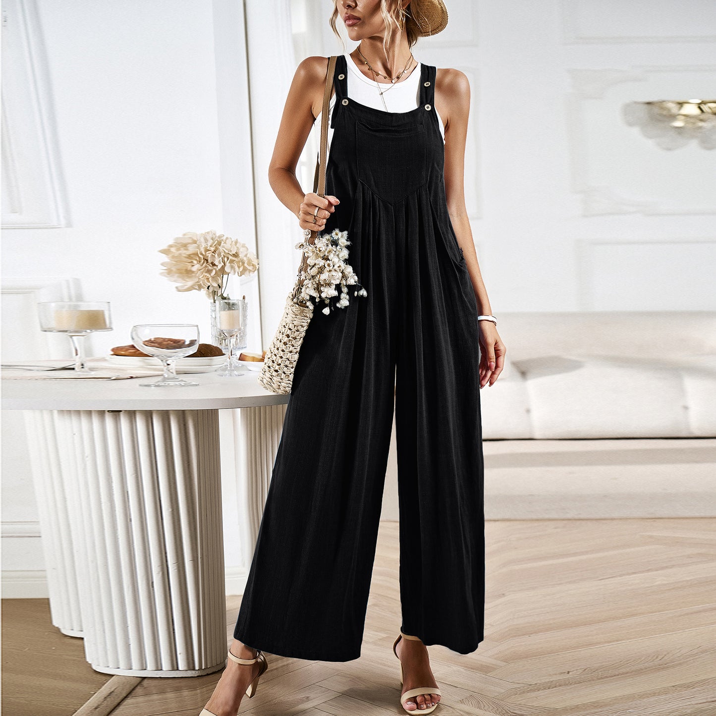 Women's Jumpsuit - Relaxed Fit - Wide Straps with Buttons - Breathable Casual Wear