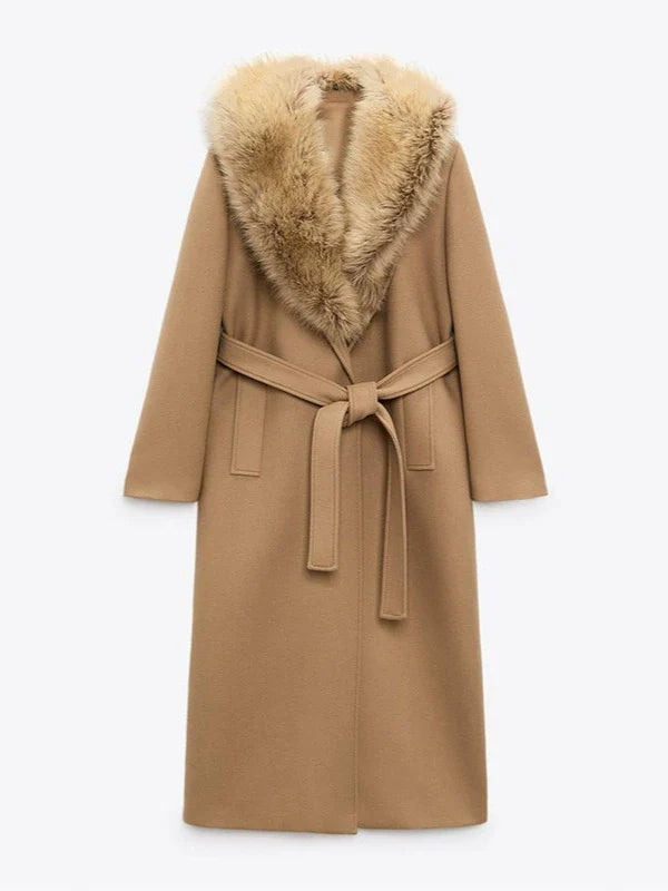 Women’s Long Coat – Wool Blend – Relaxed Fit – Belted Waist – Faux Fur Collar