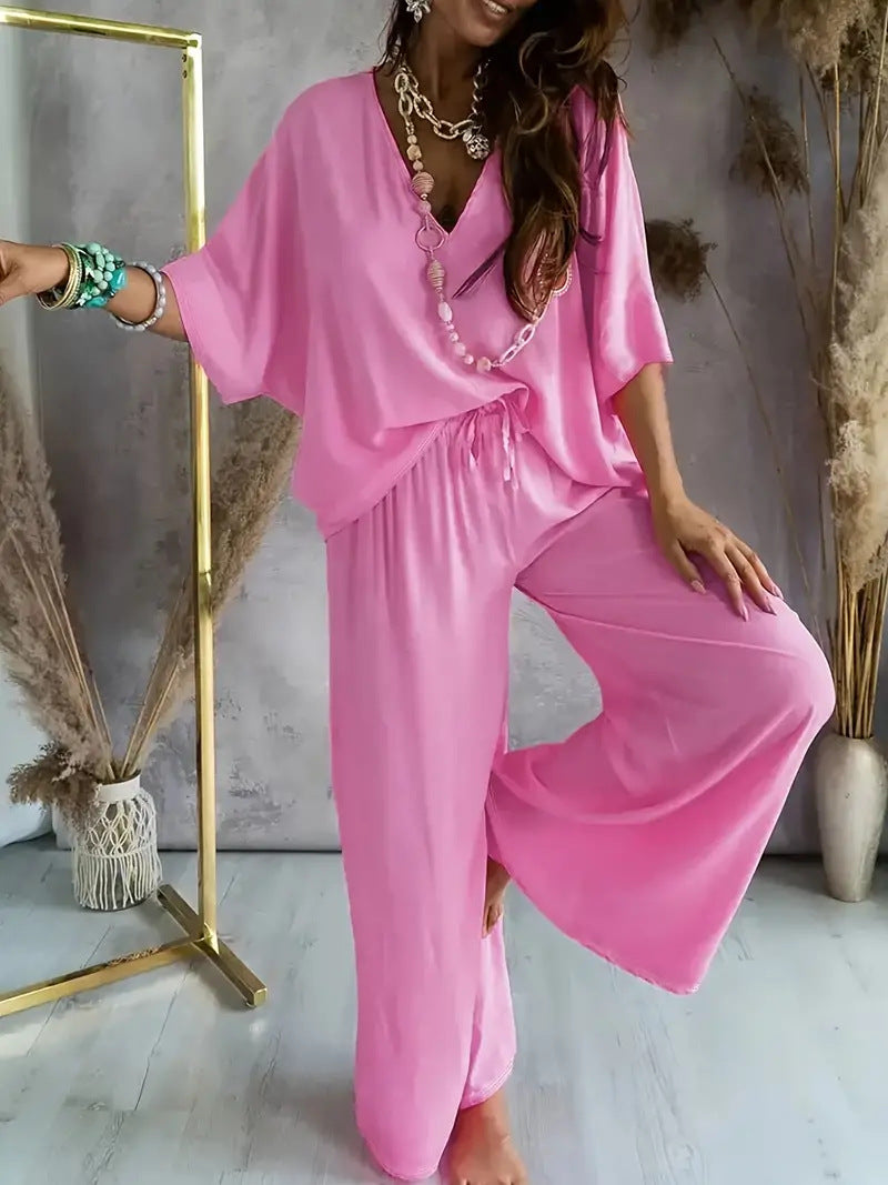 Women’s Matching Set – V-Neck Top and Wide-Leg Pants – Relaxed Fit – Breathable Blend