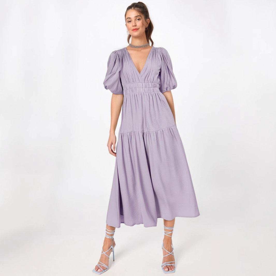 Women’s Midi Dress – Deep V-Neck – Puff Sleeves – Fitted Waist – Tiered Skirt