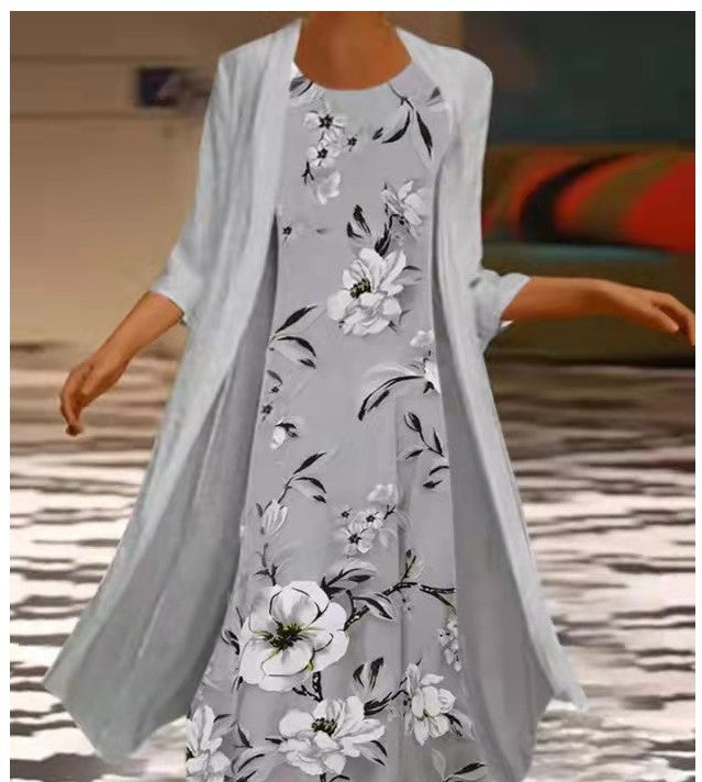 Women’s Two-Piece Dress Set – Loose Fit – Floral Print – Breathable Blend – Mid-Length