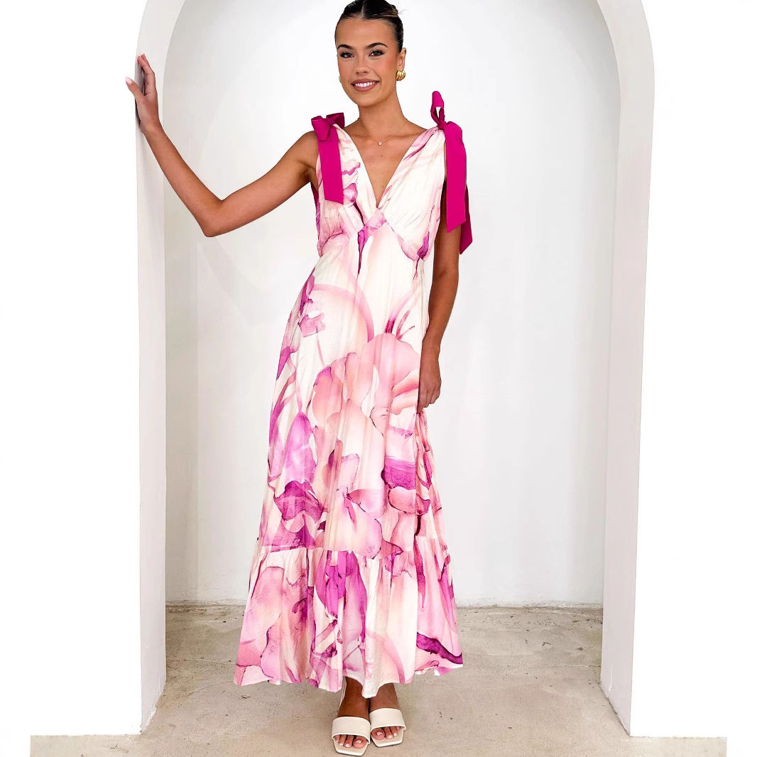 Women’s Maxi Dress – V-Neck – Tie Straps – Printed – Tiered Ruffle Skirt – Relaxed Fit