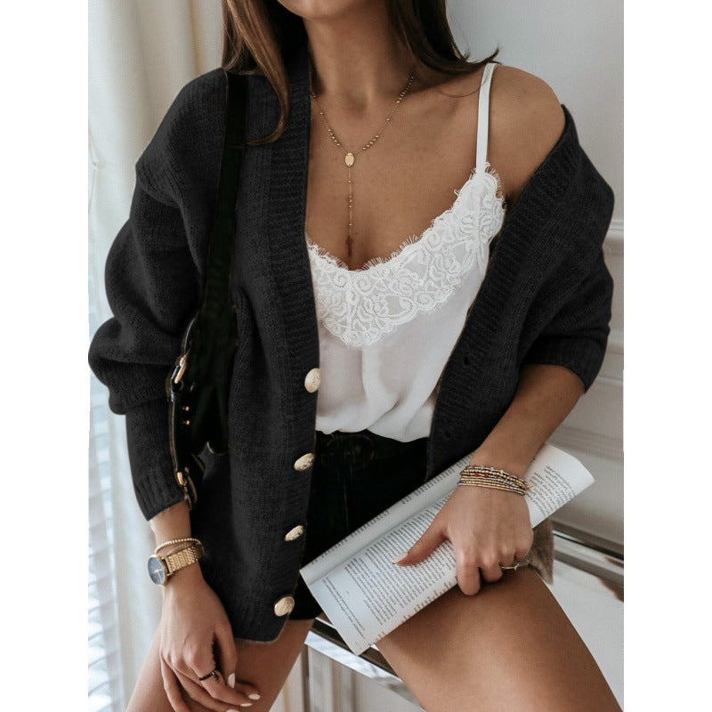 Women’s Sweatshirt Jacket – Wool Blend – Oversized Fit – V-Neck – Button Front – Ribbed Cuffs