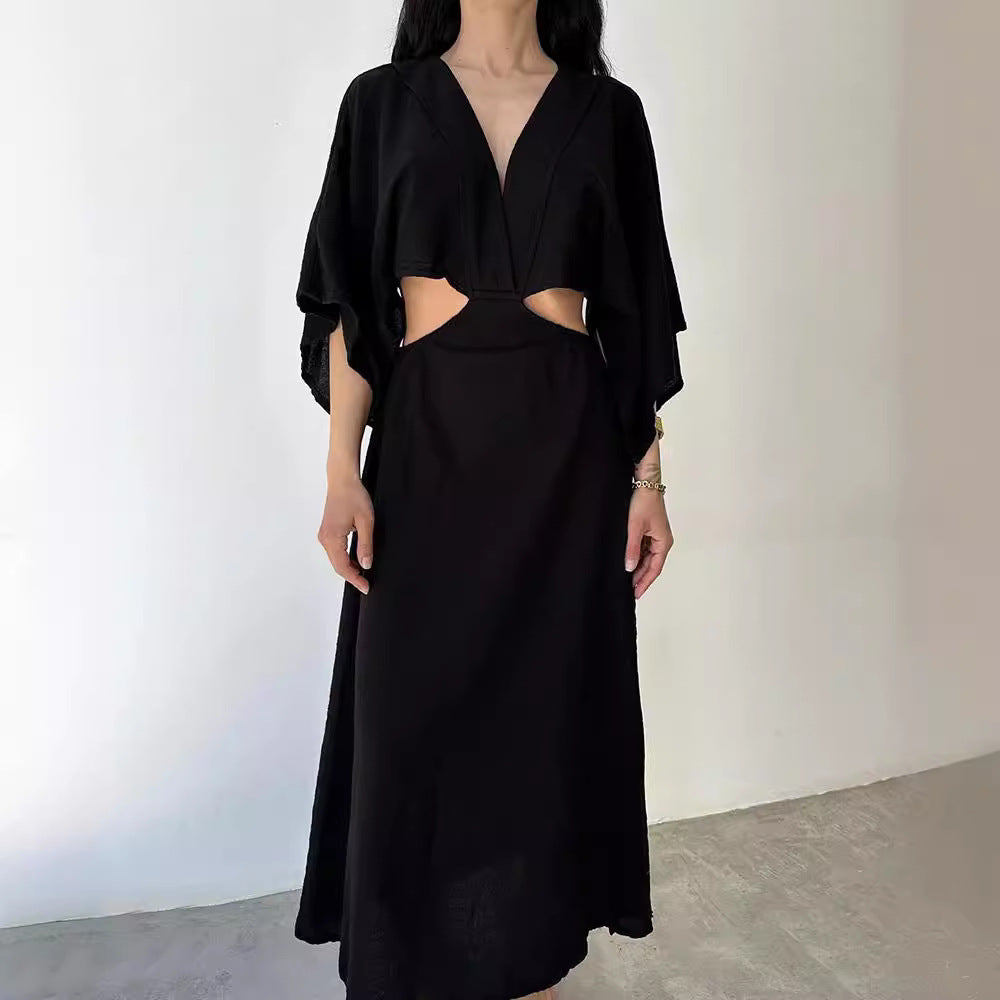 Women’s Maxi Dress – Cotton Linen Blend – Slim Fit – V-Neck – Cut-Out Waist – High Slit