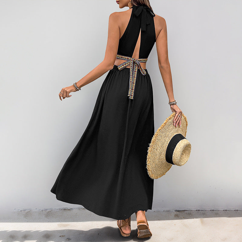 Women’s Halter Neck Dress – Knot Front – Cut-Out Waist – Flowy Midi Fit